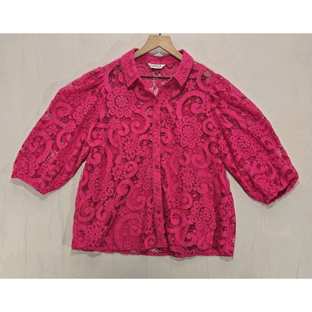 Nanette Lepore Pink Lace Blouse Womens L Balloon Sleeve Lined Top Fairycore Boho